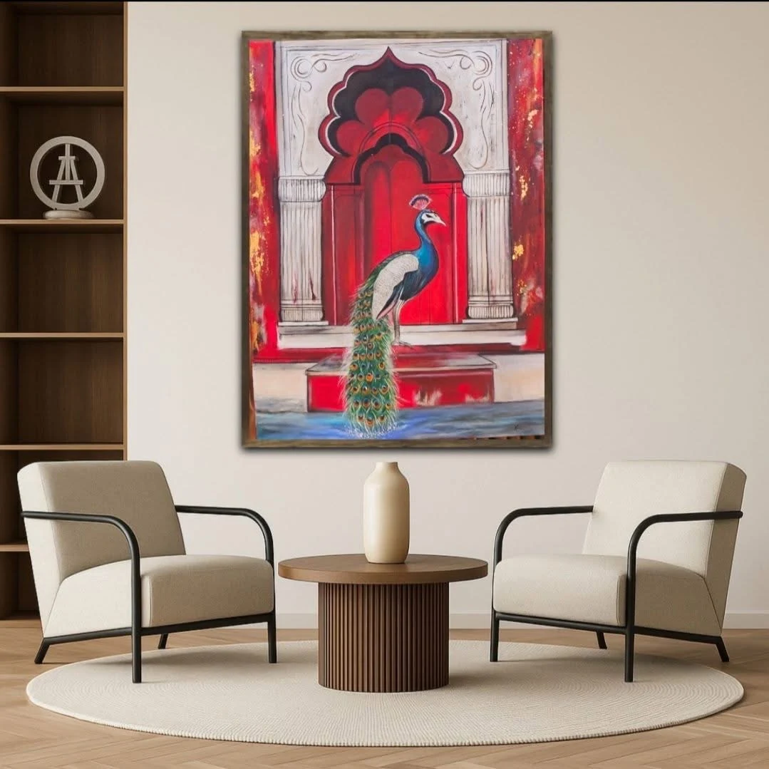 Peacock painting styled in an interior