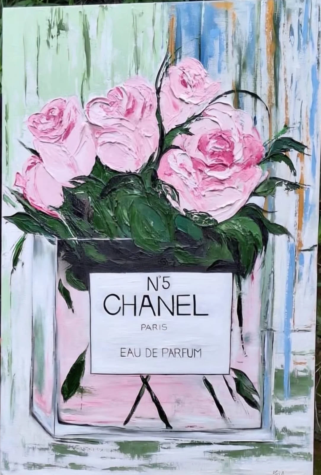 Pink roses perfume bottle painting